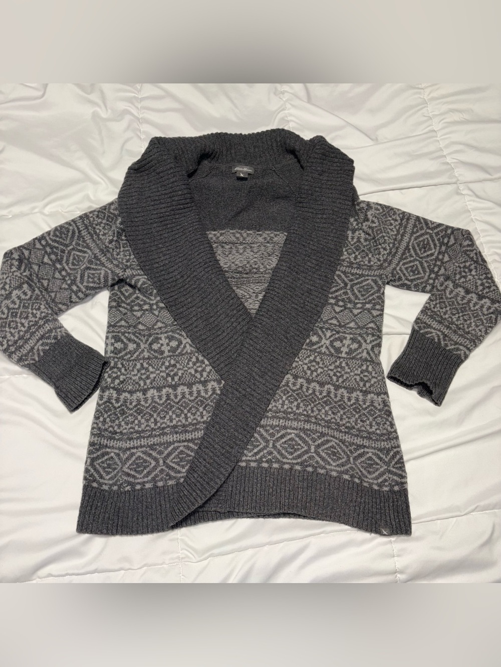 Eddie Bauer Women's Gray Fair Isle Cotton Wool Shawl Cardigan Large